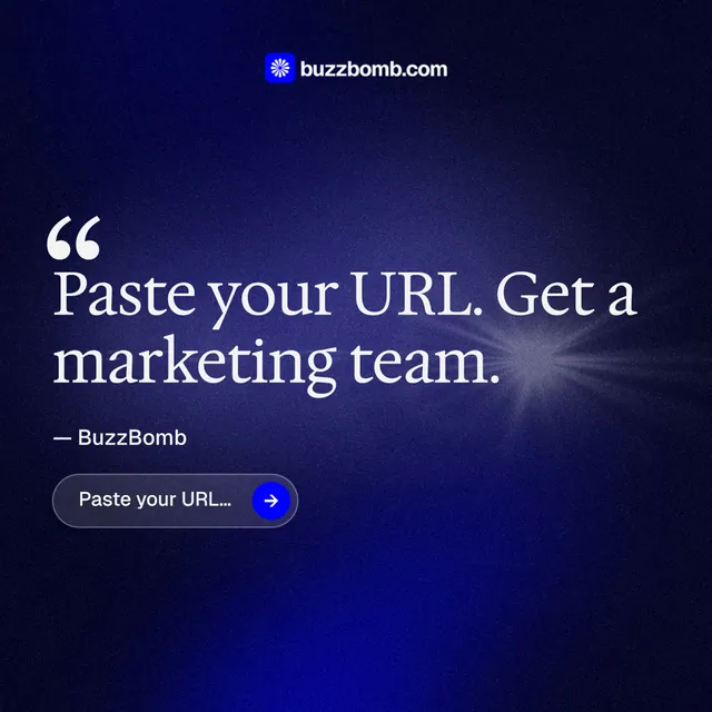 Instagram post for BuzzBomb: "Get a marketing team." Agentic glass style, quote layout, dark palette in black, blue.