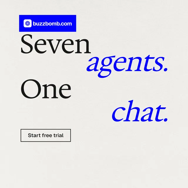 Instagram post for BuzzBomb: "Seven agents. One chat." Editorial style, stacked layout, light palette in white, blue.