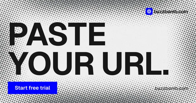Social ad for BuzzBomb: "Paste your URL." Split block style, poster layout, light palette in grey, white.