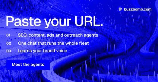 Social ad for BuzzBomb: "Paste your URL." Swiss style, numbered layout, dark palette in blue.