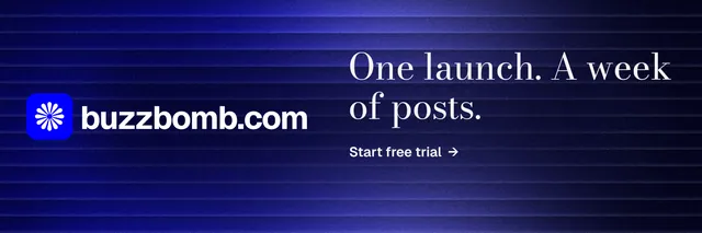 X header for BuzzBomb: "One launch. A week of posts." Minimal luxury style, logo hero layout, dark palette in black, blue.