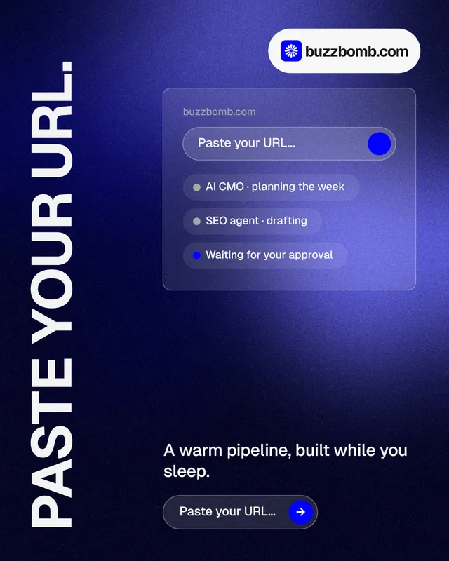 Instagram portrait post for BuzzBomb: "Paste your URL." Agentic glass style, vertical layout, dark palette in blue, black.