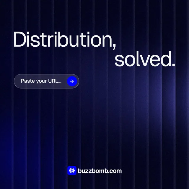 Instagram post for BuzzBomb: "Distribution, solved." Agentic glass style, stacked layout, dark palette in black, blue.