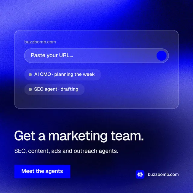 Instagram post for BuzzBomb: "Get a marketing team." Swiss style, bottom layout, dark palette in blue.