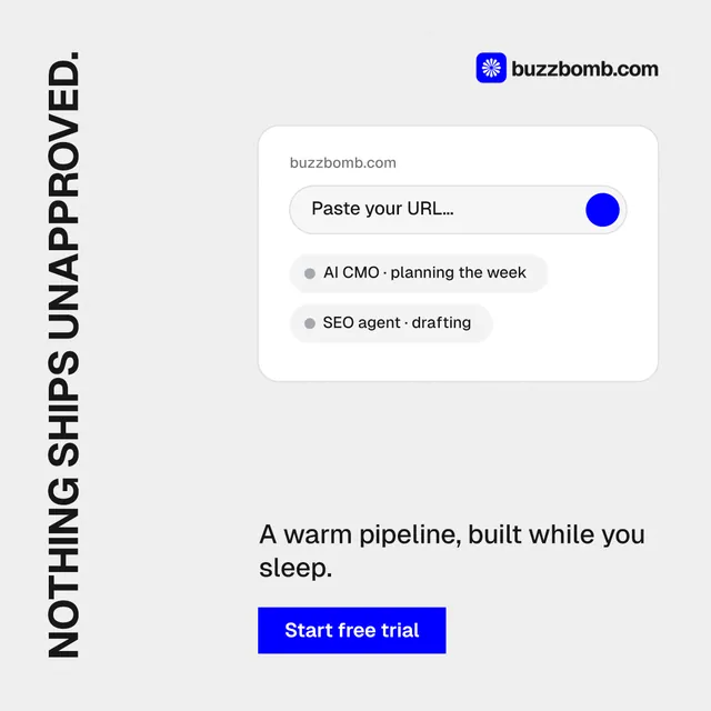 Instagram post for BuzzBomb: "Nothing ships unapproved." Swiss style, vertical layout, light palette in white, blue.
