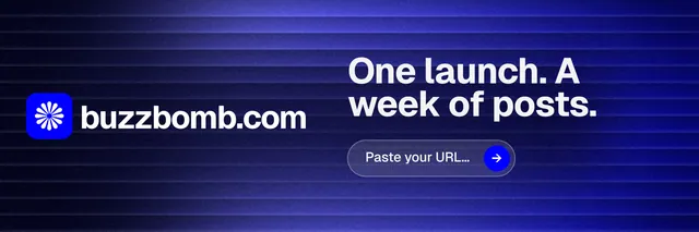 X header for BuzzBomb: "One launch. A week of posts." Agentic glass style, logo hero layout, dark palette in black, blue.