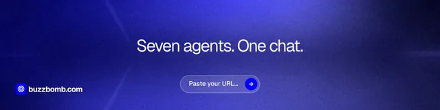 LinkedIn banner for BuzzBomb: "Seven agents. One chat." Agentic glass style, centred layout, dark palette in blue.