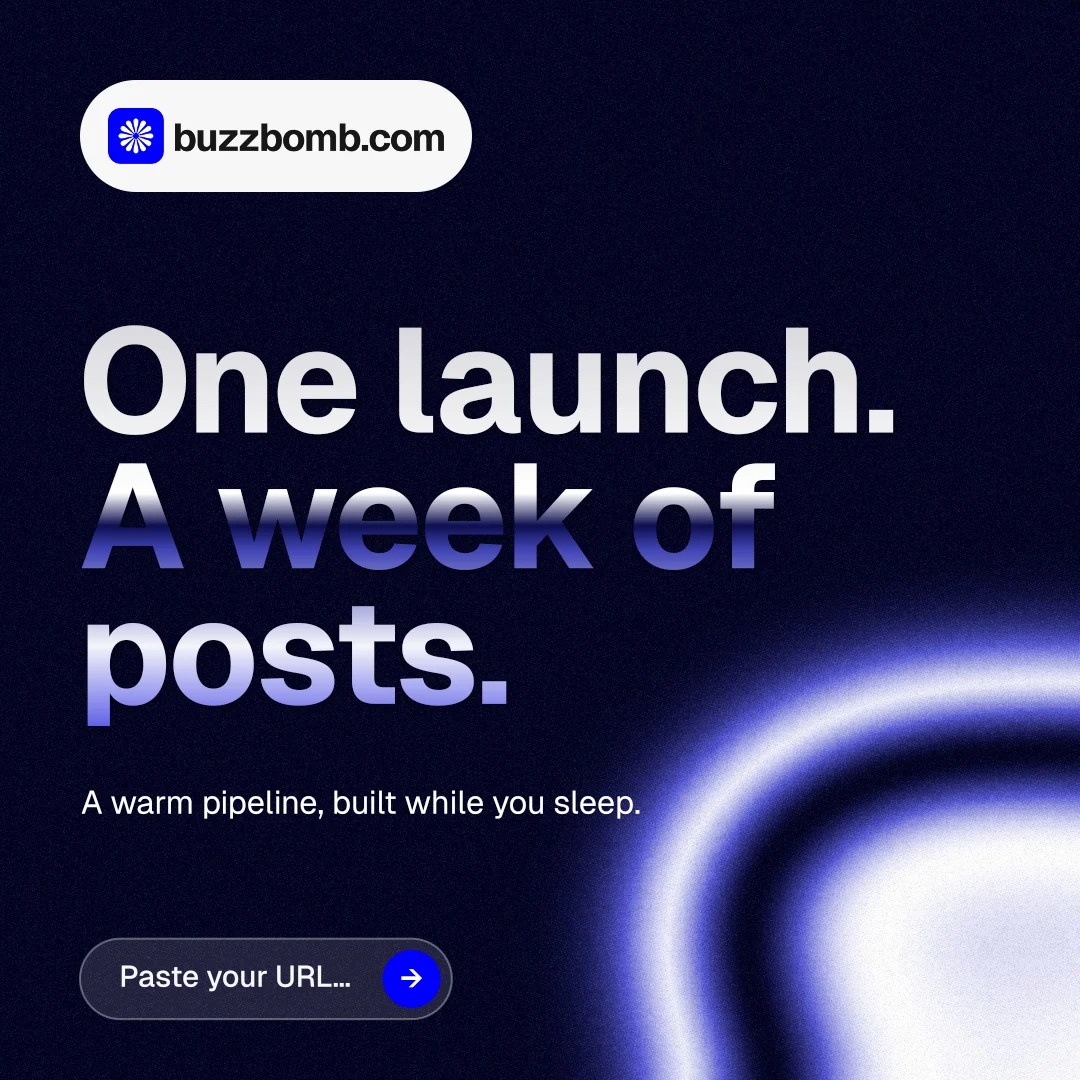 Instagram post for BuzzBomb: "One launch. A week of posts." Agentic glass style, announce layout, dark palette in black, blue.