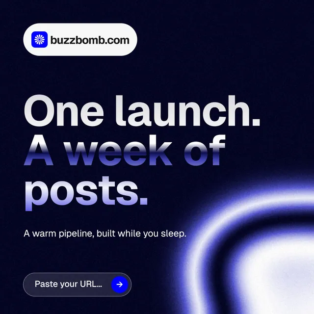 Instagram post for BuzzBomb: "One launch. A week of posts." Agentic glass style, announce layout, dark palette in black, blue.