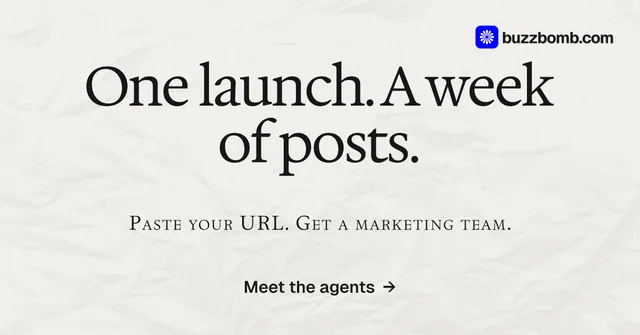 Social ad for BuzzBomb: "One launch. A week of posts." Swiss style, smallcaps layout, light palette in white, grey.