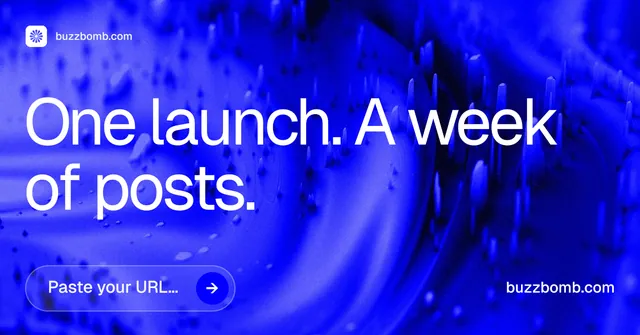 Social ad for BuzzBomb: "One launch. A week of posts." Agentic glass style, poster layout, dark palette in blue.