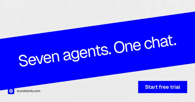 Social ad for BuzzBomb: "Seven agents. One chat." Swiss style, diagonal layout, light palette in blue, white.