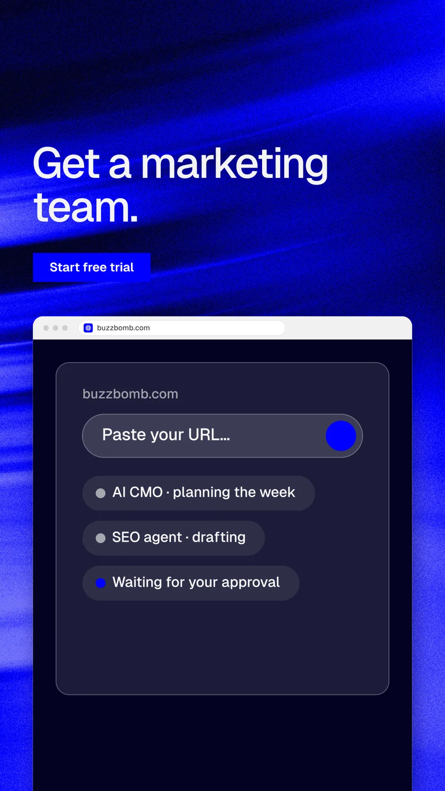 Instagram story for BuzzBomb: "Get a marketing team." Swiss style, browser layout, dark palette in blue, black.