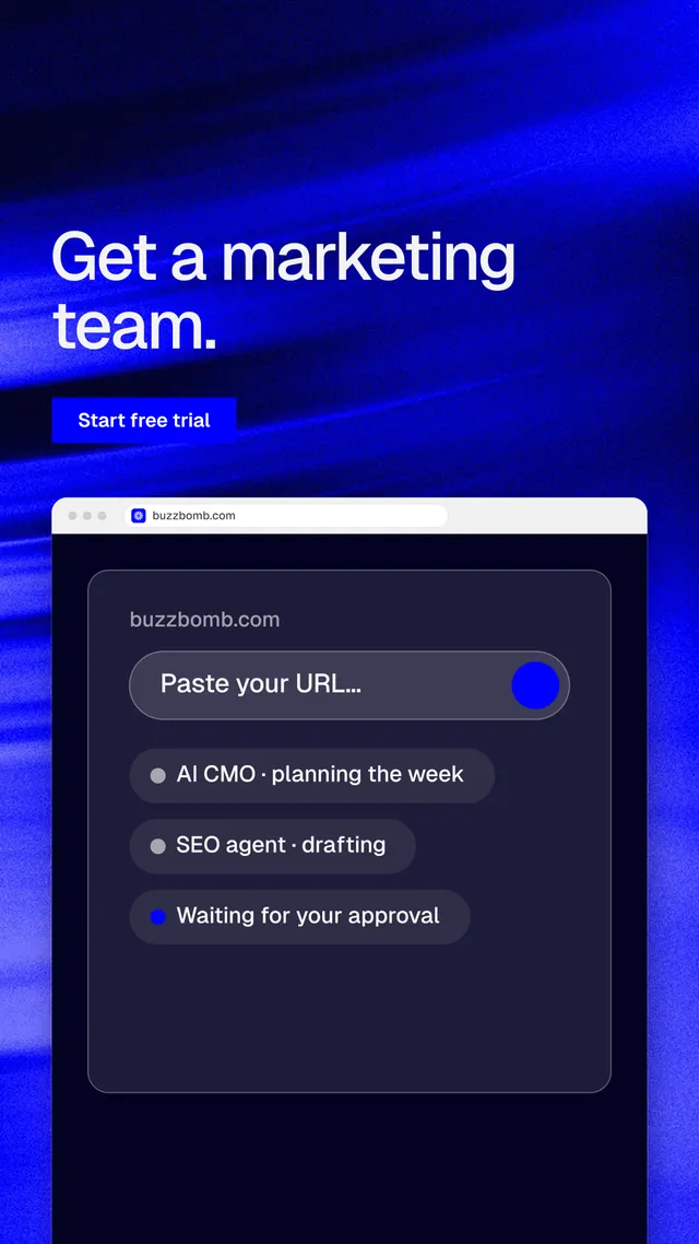 Instagram story for BuzzBomb: "Get a marketing team." Swiss style, browser layout, dark palette in blue, black.
