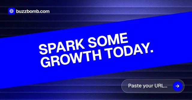 Social ad for BuzzBomb: "Spark some growth today." Agentic glass style, diagonal layout, dark palette in blue.