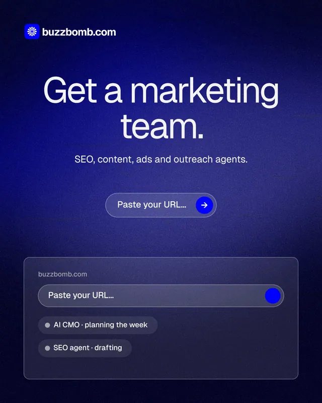 Instagram portrait post for BuzzBomb: "Get a marketing team." Agentic glass style, centred layout, dark palette in black, blue.