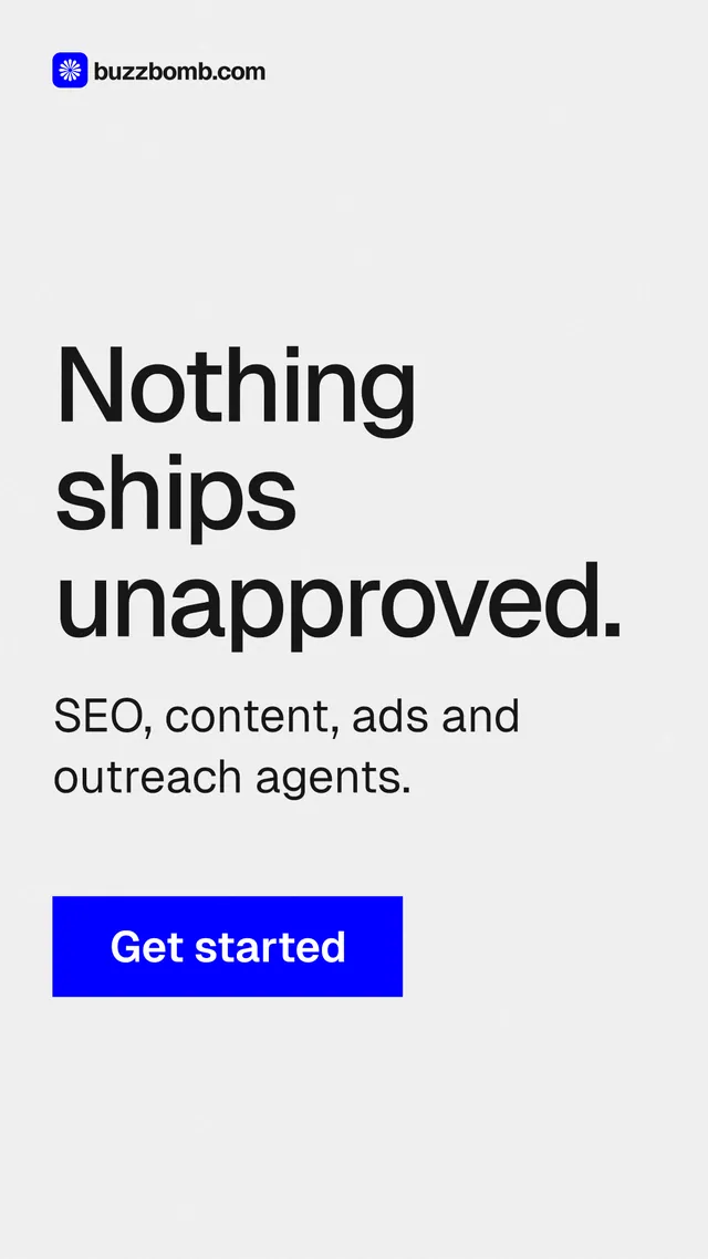 Instagram story for BuzzBomb: "Nothing ships unapproved." Swiss style, skeleton layout, light palette in white, blue.