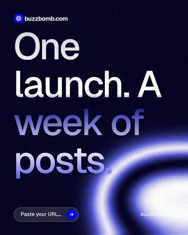 Instagram portrait post for BuzzBomb: "One launch. A week of posts." Agentic glass style, poster layout, dark palette in black, blue.