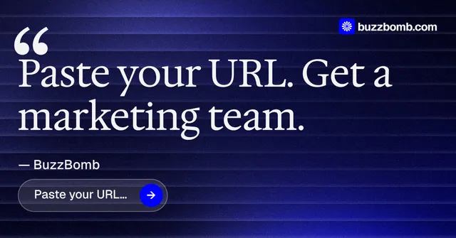 Social ad for BuzzBomb: "Spark some growth today." Agentic glass style, quote layout, dark palette in blue, black.
