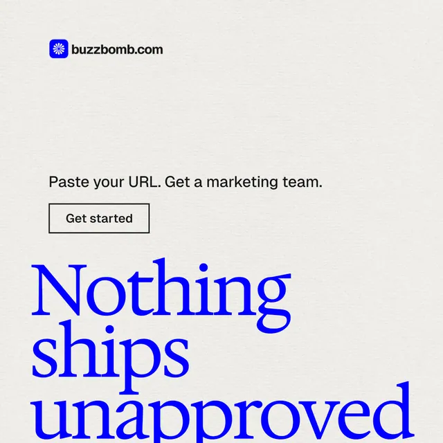 Instagram post for BuzzBomb: "Nothing ships unapproved." Editorial style, oversized layout, light palette in white, blue.