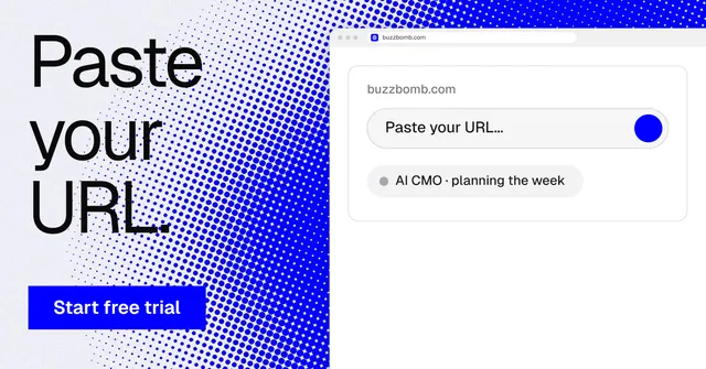 Social ad for BuzzBomb: "Paste your URL." Split block style, browser layout, light palette in white, blue.