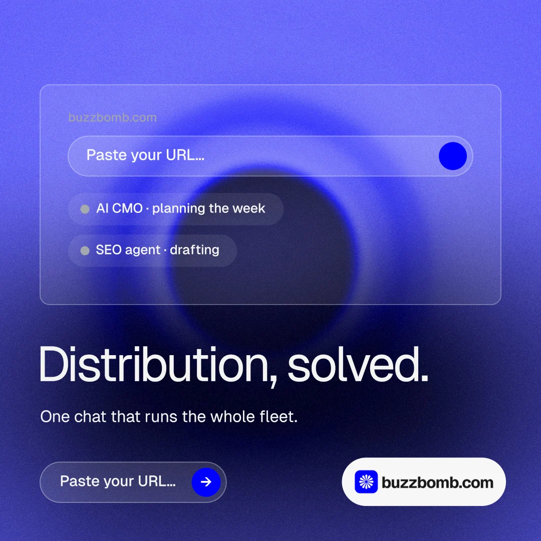 Instagram post for BuzzBomb: "Distribution, solved." Agentic glass style, bottom layout, dark palette in blue.