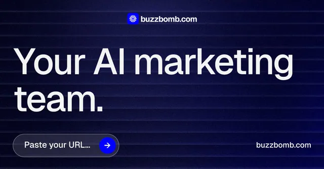 Social ad for BuzzBomb: "Your AI marketing team." Agentic glass style, poster layout, dark palette in blue, black, grey.