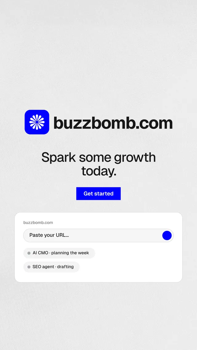 Instagram story for BuzzBomb: "Spark some growth today." Swiss style, logo hero layout, light palette in white, blue.