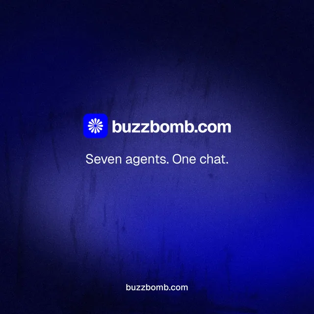 Instagram post for BuzzBomb: "Seven agents. One chat." Agentic glass style, end card layout, dark palette in black, blue.