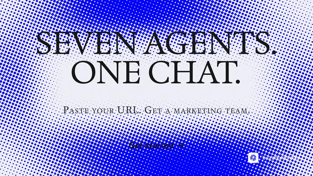 Landscape graphic for BuzzBomb: "Seven agents. One chat." Swiss style, smallcaps layout, light palette in blue, white.