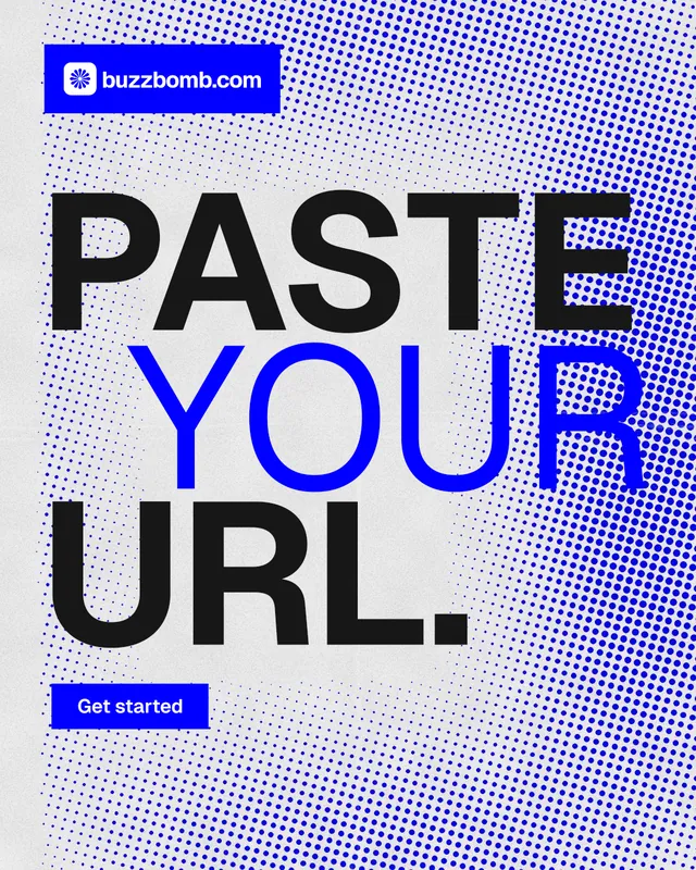 Instagram portrait post for BuzzBomb: "Paste your URL." Swiss style, stacked layout, light palette in blue, white.