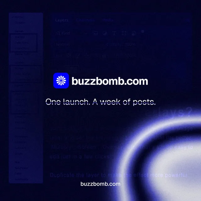 Instagram post for BuzzBomb: "One launch. A week of posts." Agentic glass style, end card layout, dark palette in black, blue.