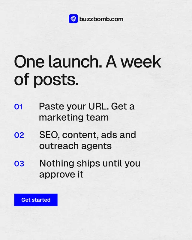 Instagram portrait post for BuzzBomb: "One launch. A week of posts." Swiss style, numbered layout, light palette in white, grey.
