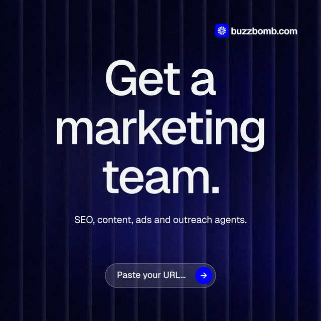 Instagram post for BuzzBomb: "Get a marketing team." Agentic glass style, centred layout, dark palette in black, blue, grey.