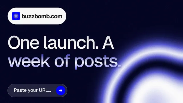 Landscape graphic for BuzzBomb: "One launch. A week of posts." Agentic glass style, announce layout, dark palette in black, blue.