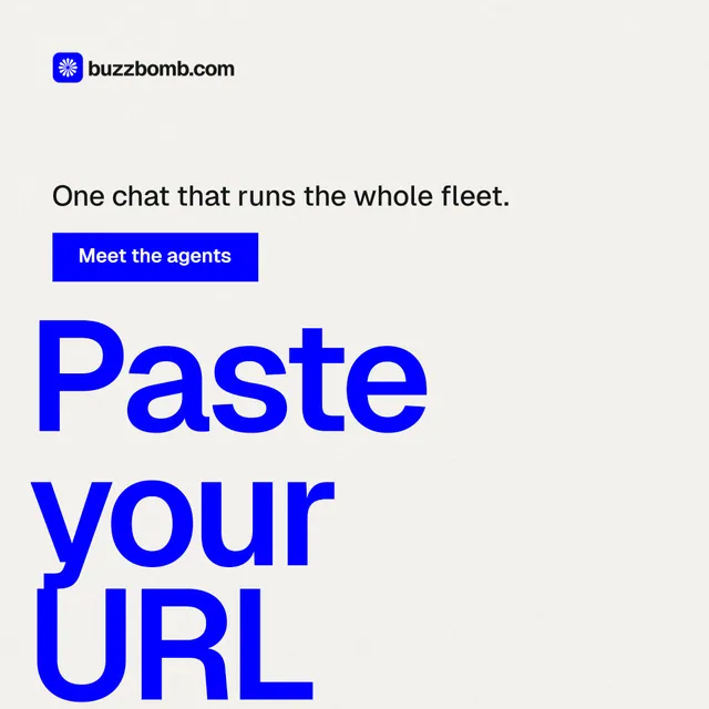 Instagram post for BuzzBomb: "Spark some growth today." Swiss style, oversized layout, light palette in white, blue.