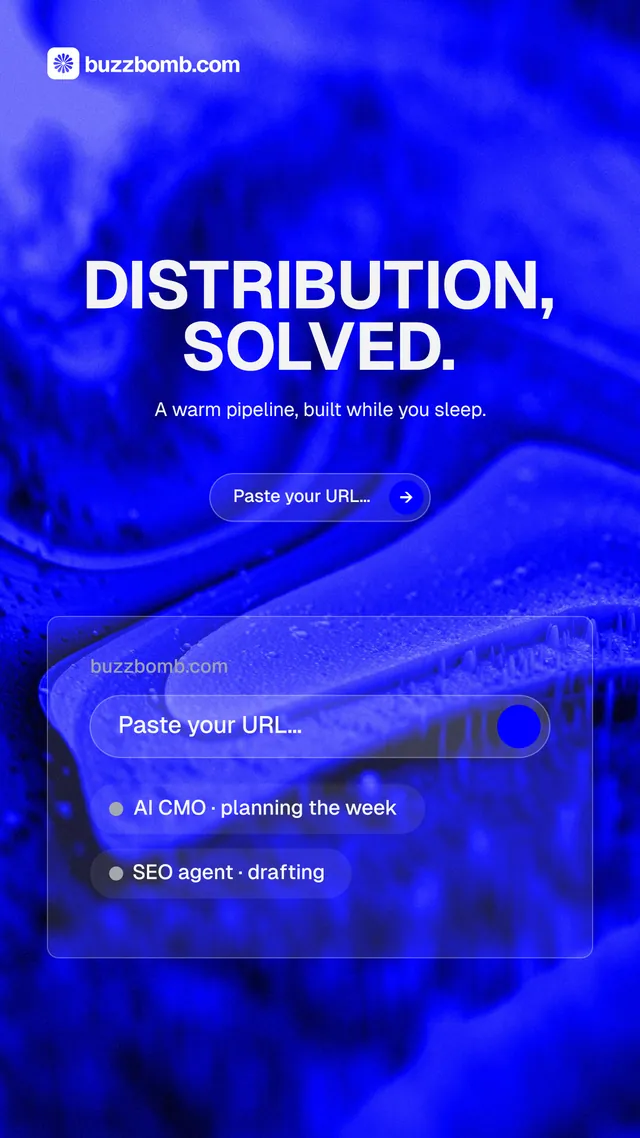 Instagram story for BuzzBomb: "Distribution, solved." Agentic glass style, centred layout, dark palette in blue.