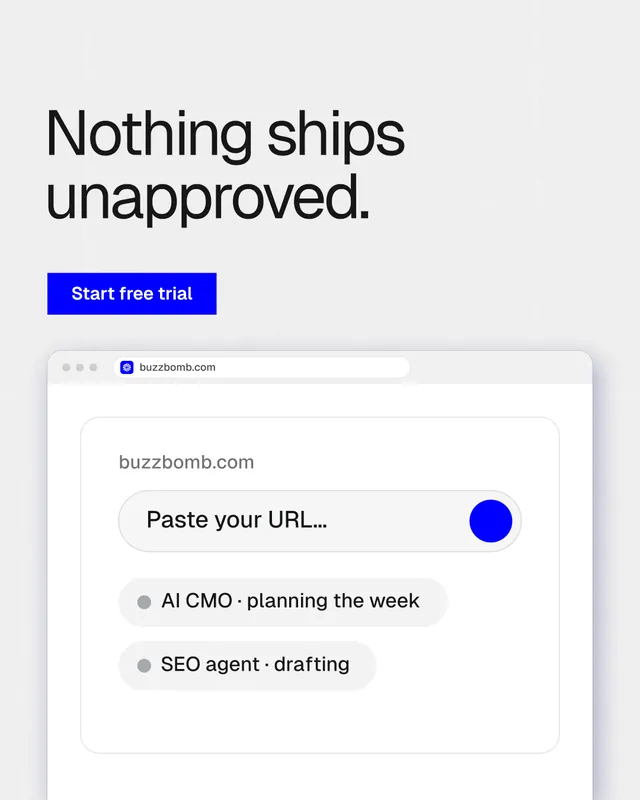 Instagram portrait post for BuzzBomb: "Nothing ships unapproved." Swiss style, browser layout, light palette in white.