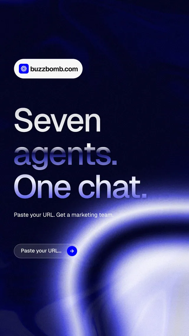 Instagram story for BuzzBomb: "Seven agents. One chat." Agentic glass style, announce layout, dark palette in blue, black.