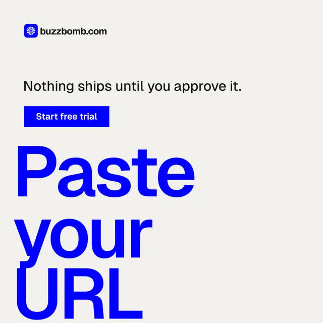 Instagram post for BuzzBomb: "Paste your URL." Swiss style, oversized layout, light palette in white, blue.