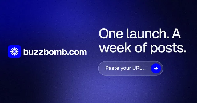 Social ad for BuzzBomb: "One launch. A week of posts." Agentic glass style, logo hero layout, dark palette in black, blue.
