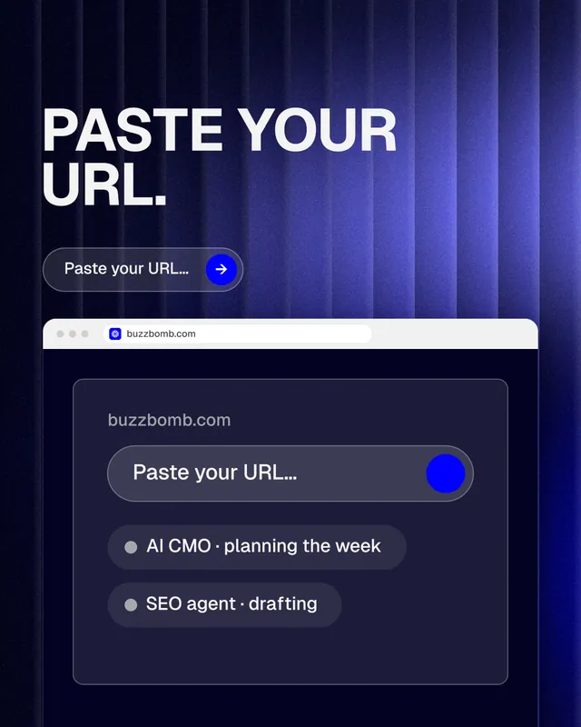 Instagram portrait post for BuzzBomb: "Paste your URL." Agentic glass style, browser layout, dark palette in blue, black.