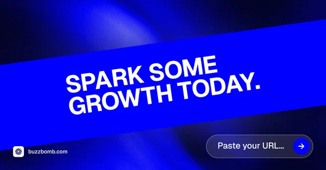 Social ad for BuzzBomb: "Spark some growth today." Agentic glass style, diagonal layout, dark palette in blue.