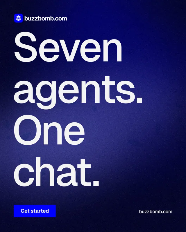 Instagram portrait post for BuzzBomb: "Seven agents. One chat." Swiss style, poster layout, dark palette in black, blue.