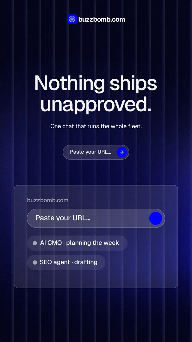 Instagram story for BuzzBomb: "Nothing ships unapproved." Agentic glass style, centred layout, dark palette in black, blue, grey.