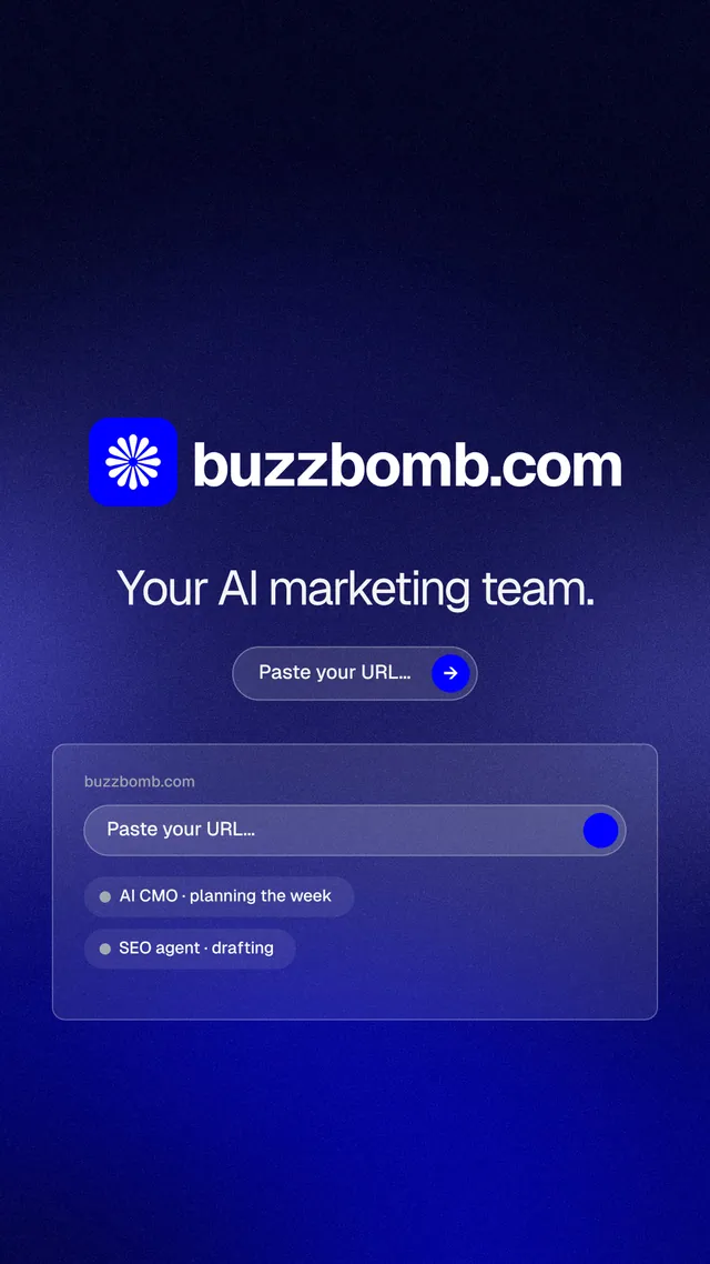 Instagram story for BuzzBomb: "Your AI marketing team." Agentic glass style, logo hero layout, dark palette in black, blue.