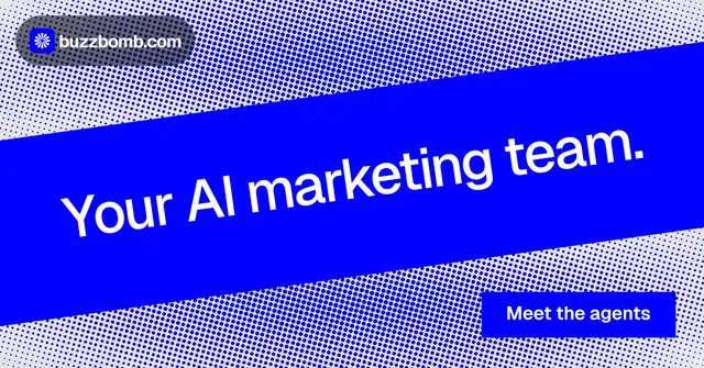 Social ad for BuzzBomb: "Your AI marketing team." Swiss style, diagonal layout, dark palette in blue.