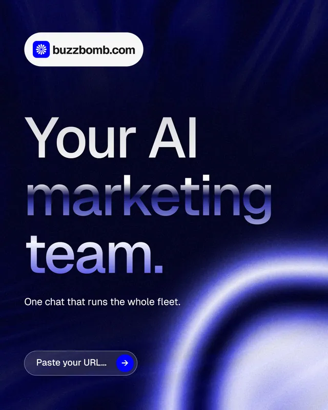Instagram portrait post for BuzzBomb: "Your AI marketing team." Agentic glass style, announce layout, dark palette in black, blue.