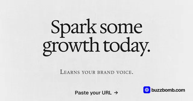 Social ad for BuzzBomb: "Spark some growth today." Swiss style, smallcaps layout, light palette in white, grey.