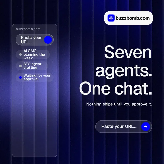 Instagram post for BuzzBomb: "Seven agents. One chat." Agentic glass style, right layout, dark palette in black, blue, grey.